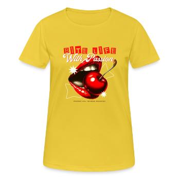 Mordez la vie avec passion - Cerise - Embrasser la bouche - T-shirt respirant Femme - jaune soleil - Devant - AI Model Female 172 dark (172cm)