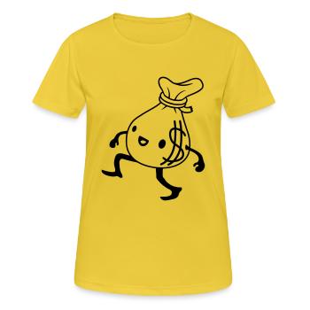Gehender lebendiger Geldsack Comic - Frauen T-Shirt atmungsaktiv - Sonnengelb - Vorne - AI Model Female 172 dark (172cm)