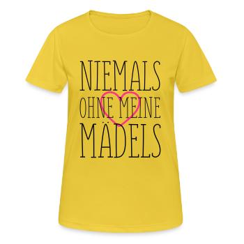niemals ohne meine maedels herz - Frauen T-Shirt atmungsaktiv - Sonnengelb - Vorne - AI Model Female 172 dark (172cm)