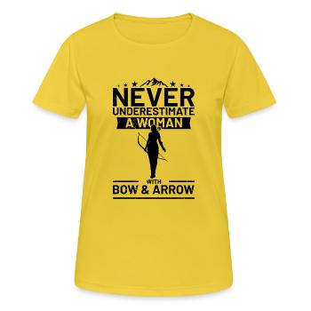 Ne sous-estimez jamais une femme avec un arc et une flèche Bog - T-shirt respirant Femme - jaune soleil - Devant - AI Model Female 172 dark (172cm)