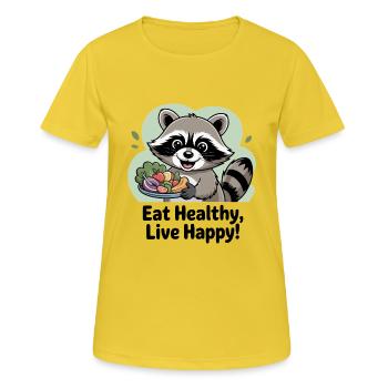 GESUND ESSEN, GLÜCKLICH LEBEN - Frauen T-Shirt atmungsaktiv - Sonnengelb - Vorne - AI Model Female 172 dark (172cm)
