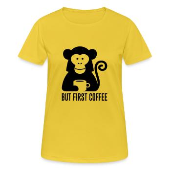 but first coffee Affee Geschenk Spruch Bürohumor - Frauen T-Shirt atmungsaktiv - Sonnengelb - Vorne - AI Model Female 172 dark (172cm)
