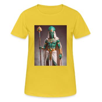 Osiris, grünhäutiger Gott mit Pharaonenkrone - Frauen T-Shirt atmungsaktiv - Sonnengelb - Vorne - AI Model Female 172 dark (172cm)