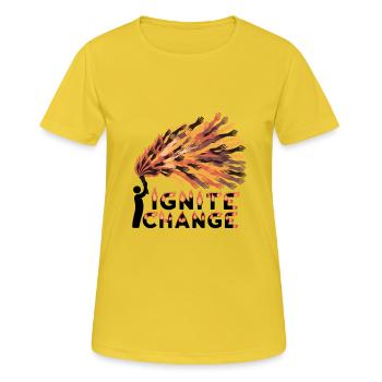 Changement – Des mains unies de feu et d’action - T-shirt respirant Femme - jaune soleil - Devant - AI Model Female 172 dark (172cm)