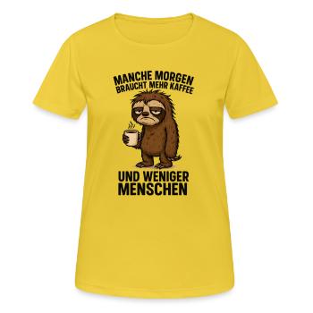 Mehr Kaffee, weniger ich hasse Menschen - Frauen T-Shirt atmungsaktiv - Sonnengelb - Vorne - AI Model Female 172 dark (172cm)