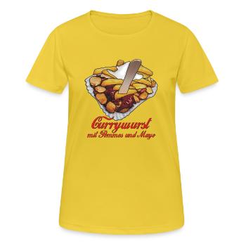 Currywurst avec des frites, la mayonnaise et le - T-shirt respirant Femme - jaune soleil - Devant - AI Model Female 172 dark (172cm)
