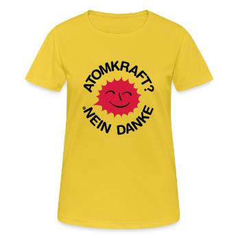 Atomkraft? Nein Danke! Logo lachende Sonne - Frauen T-Shirt atmungsaktiv - Sonnengelb - Vorne - AI Model Female 172 dark (172cm)