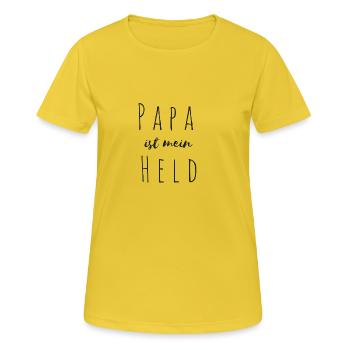 Papa ist mein Held - Frauen T-Shirt atmungsaktiv - Sonnengelb - Vorne - AI Model Female 172 dark (172cm)
