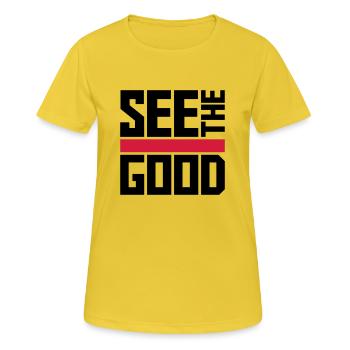 see the good Zitat - Frauen T-Shirt atmungsaktiv - Sonnengelb - Vorne - AI Model Female 172 dark (172cm)