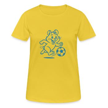 Fussballspielender Tore-Hamster - Frauen T-Shirt atmungsaktiv - Sonnengelb - Vorne - AI Model Female 172 dark (172cm)