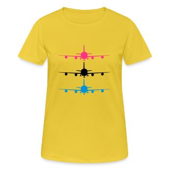 flugzeug silhouette landung fahrwerk abheben muste - Frauen T-Shirt atmungsaktiv - Sonnengelb - Vorne - AI Model Female 172 dark (172cm)