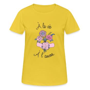 Ein Leben, Liebe - Frauen T-Shirt atmungsaktiv - Sonnengelb - Vorne - AI Model Female 172 dark (172cm)