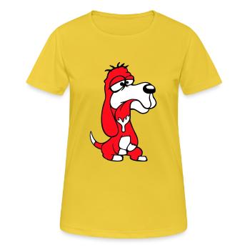 Hund Sitzt Sabbert Spucke Zunge Lustig Dumm Comic - Frauen T-Shirt atmungsaktiv - Sonnengelb - Vorne - AI Model Female 172 dark (172cm)