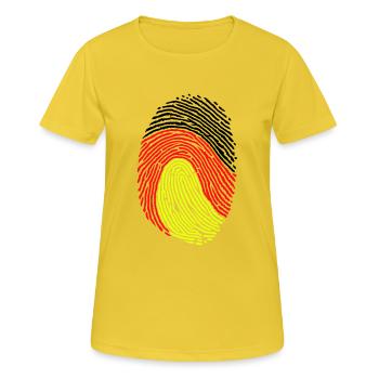 Deutsche ID - Frauen T-Shirt atmungsaktiv - Sonnengelb - Vorne - AI Model Female 172 dark (172cm)