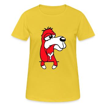 Hund Hinter Mauer Zaun Sabbert Spucke Zunge Lustig - Frauen T-Shirt atmungsaktiv - Sonnengelb - Vorne - AI Model Female 172 dark (172cm)