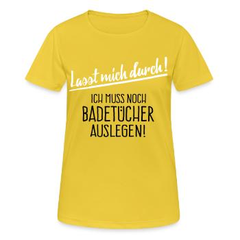 Lasst mich zum Pool - Frauen T-Shirt atmungsaktiv - Sonnengelb - Vorne - AI Model Female 172 dark (172cm)