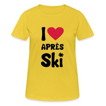T-Shirt "I love apres ski" - Frauen T-Shirt atmungsaktiv - Sonnengelb - Vorne - AI Model Female 172 dark (172cm)