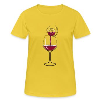 Wein Weinglas Weinflasche Weinprobe Weinlese Reben - Frauen T-Shirt atmungsaktiv - Sonnengelb - Vorne - AI Model Female 172 dark (172cm)