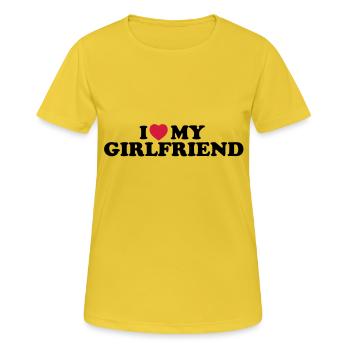 I love my girlfriend - Frauen T-Shirt atmungsaktiv - Sonnengelb - Vorne - AI Model Female 172 dark (172cm)