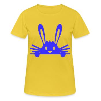 Hase versteckt sich schüchtern hinter Mauer Zaun - Frauen T-Shirt atmungsaktiv - Sonnengelb - Vorne - AI Model Female 172 dark (172cm)
