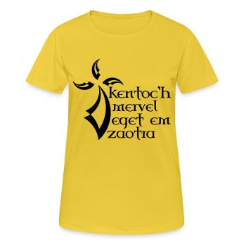 Devise bretonne - T-shirt respirant Femme - jaune soleil - Devant - AI Model Female 172 dark (172cm)