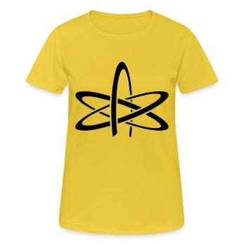 atom of atheism - Frauen T-Shirt atmungsaktiv - Sonnengelb - Vorne - AI Model Female 172 dark (172cm)