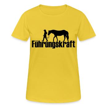 Führungskraft Shirt mit Pferdemotiv - Frauen T-Shirt atmungsaktiv - Sonnengelb - Vorne - AI Model Female 172 dark (172cm)