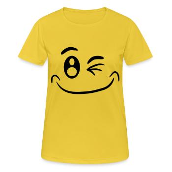 Comic Gesicht Lustig Smiley Zwinkern - Frauen T-Shirt atmungsaktiv - Sonnengelb - Vorne - AI Model Female 172 dark (172cm)