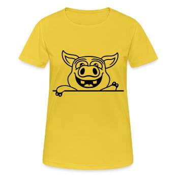 Sympathique cochon d’écurie ondulant - T-shirt respirant Femme - jaune soleil - Devant - AI Model Female 172 dark (172cm)