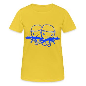 2 Enten Soldat Armee Berufssoldat Helm Waffe rennt - Frauen T-Shirt atmungsaktiv - Sonnengelb - Vorne - AI Model Female 172 dark (172cm)