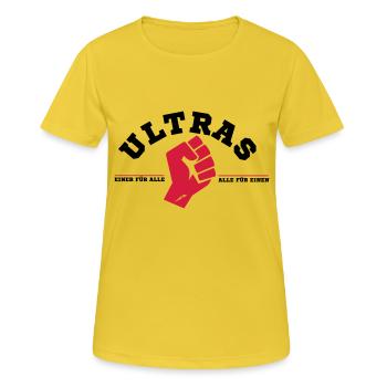 Ultras - alle für einen - Frauen T-Shirt atmungsaktiv - Sonnengelb - Vorne - AI Model Female 172 dark (172cm)