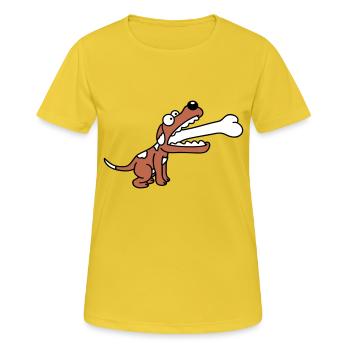 Hund Gierig Hungrig Großer Knochen Verschluckt - Frauen T-Shirt atmungsaktiv - Sonnengelb - Vorne - AI Model Female 172 dark (172cm)