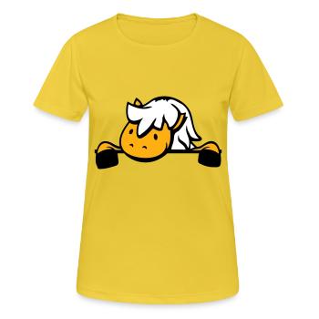 Cheval caché derrière la clôture mur d’écurie porte poney - T-shirt respirant Femme - jaune soleil - Devant - AI Model Female 172 dark (172cm)