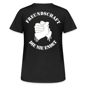 Freundschaftslogo Hand in Hand - Frauen T-Shirt atmungsaktiv - Schwarz - Hinten - AI Model Female 172 light (172cm)