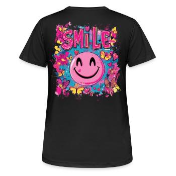 Smile the full day - herz schmetterling - Frauen T-Shirt atmungsaktiv - Schwarz - Hinten - AI Model Female 172 light (172cm)