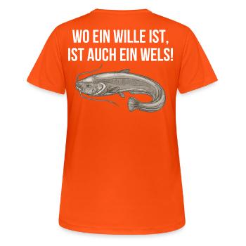 Catfish Saying Angel Print - Women's Breathable T-Shirt - neon orange - Back - AI Model Female 172 dark (172cm)