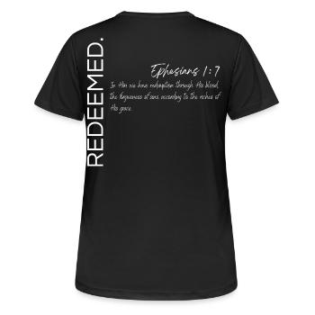 Erlöst - Epheser 1:7 Christlicher Plan - Frauen T-Shirt atmungsaktiv - Schwarz - Hinten - AI Model Female 172 light (172cm)