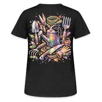 Aquarell-Gartenwerkzeuge Mehrfarbige Splash Art - Frauen T-Shirt atmungsaktiv - Schwarz - Hinten - AI Model Female 172 light (172cm)