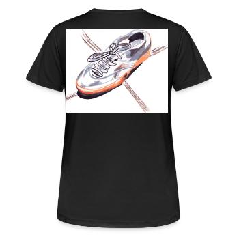 En déplacement : croquis et traits de baskets - T-shirt respirant Femme - noir - Dos - AI Model Female 172 light (172cm)