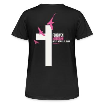 FORGIVEN Kreuz Tauben Pink Weiß Vers - Frauen T-Shirt atmungsaktiv - Schwarz - Hinten - AI Model Female 172 light (172cm)