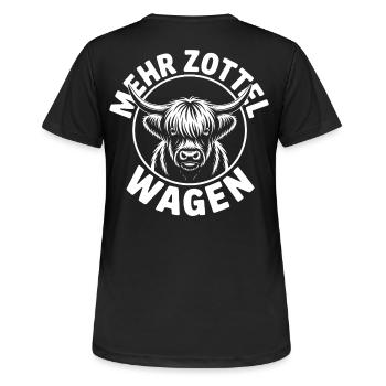 Mehr Zottel wagen - Highlands - Frauen T-Shirt atmungsaktiv - Schwarz - Hinten - AI Model Female 172 light (172cm)
