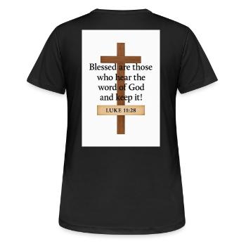 Kreuzzitate: Selige, die Gottes Wort hören - Frauen T-Shirt atmungsaktiv - Schwarz - Hinten - AI Model Female 172 light (172cm)