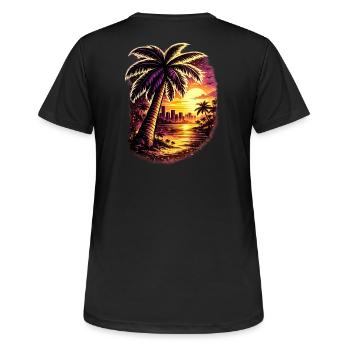 Palmen am Neon Sonnenuntergang Zoopy - Frauen T-Shirt atmungsaktiv - Schwarz - Hinten - AI Model Female 172 light (172cm)