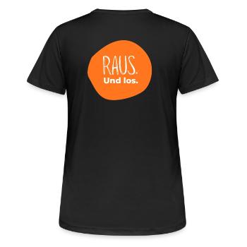 Raus. Und los. – Outdoor Design in Orange - Frauen T-Shirt atmungsaktiv - Schwarz - Hinten - AI Model Female 172 light (172cm)