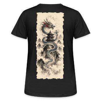 Blauer Drache im chinesischen Bergnebel - Frauen T-Shirt atmungsaktiv - Schwarz - Hinten - AI Model Female 172 light (172cm)