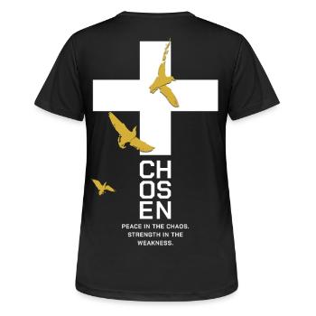 CHOSEN Kreuz Tauben Gold Weiß Peace - Frauen T-Shirt atmungsaktiv - Schwarz - Hinten - AI Model Female 172 light (172cm)