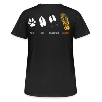 Fuchs Reh Wildschwein Wanderer Trittsiegel, Fährte - Frauen T-Shirt atmungsaktiv - Schwarz - Hinten - AI Model Female 172 light (172cm)