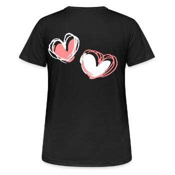 Zwei Herzformen - Frauen T-Shirt atmungsaktiv - Schwarz - Hinten - AI Model Female 172 light (172cm)