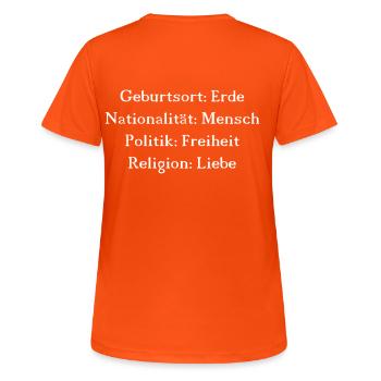 Lieu de naissance Terre Nationalité Religion Humaine Amour - T-shirt respirant Femme - orange néon - Dos - AI Model Female 172 dark (172cm)