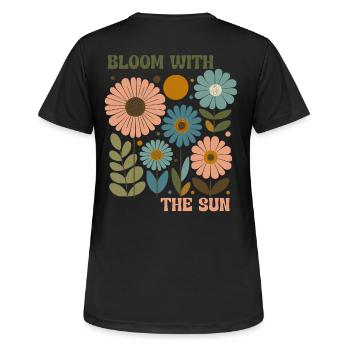 Boho Blumen Shirt – Bloom with the Sun Sommer - Frauen T-Shirt atmungsaktiv - Schwarz - Hinten - AI Model Female 172 light (172cm)
